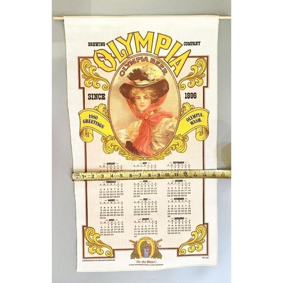 Vintage Olympia Beer Calendar 1980 Banner 1909 Olympia Calendar Girl 26.5x15.5” - Picture 5 of 10